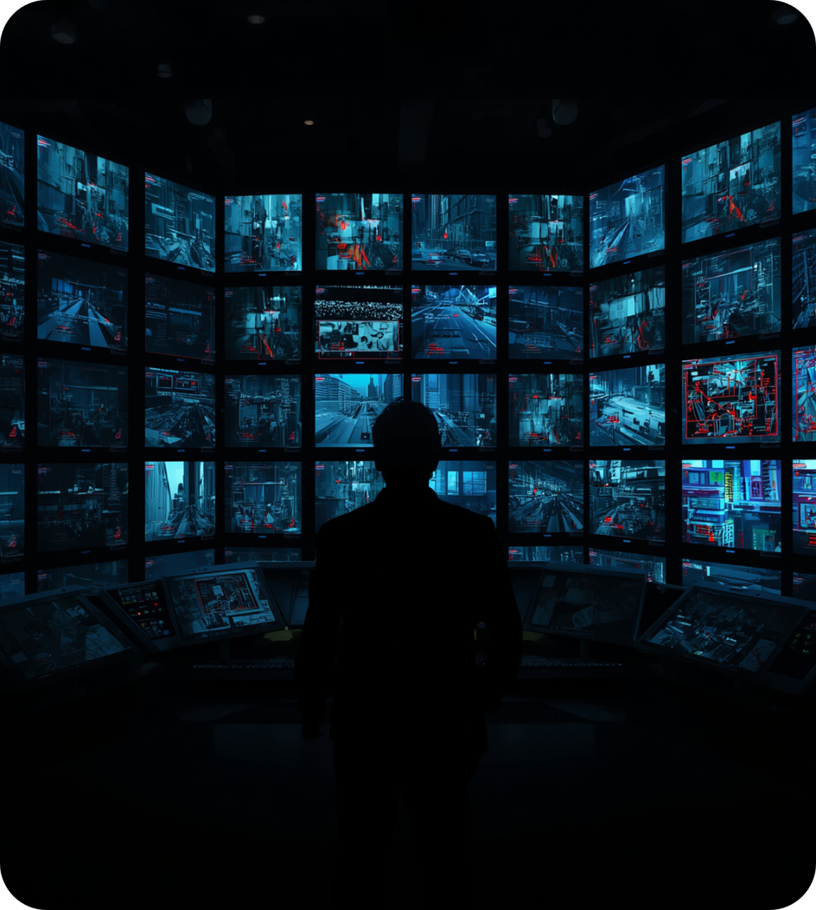 A WorldGuard operator monitoring a wall of live surveillance feeds inside a national security command center