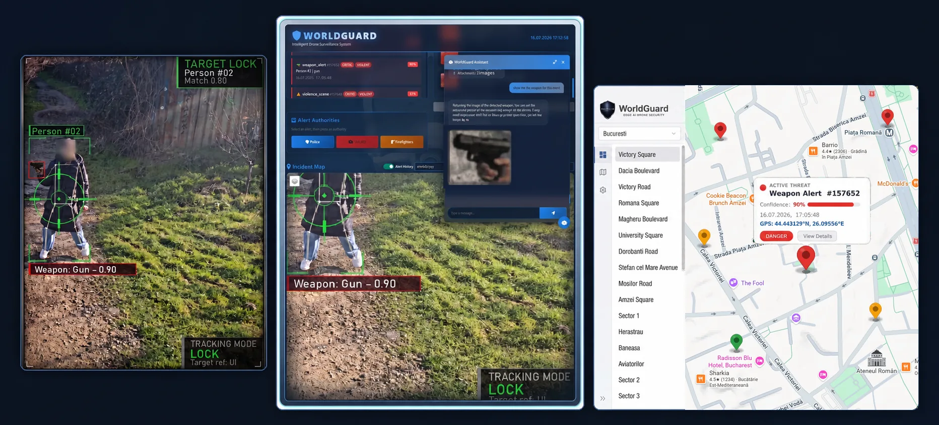 Weapon detection with the associated person, who can be designated as a target through authorised biometric reacquisition, for tracking within the approved mission limits.