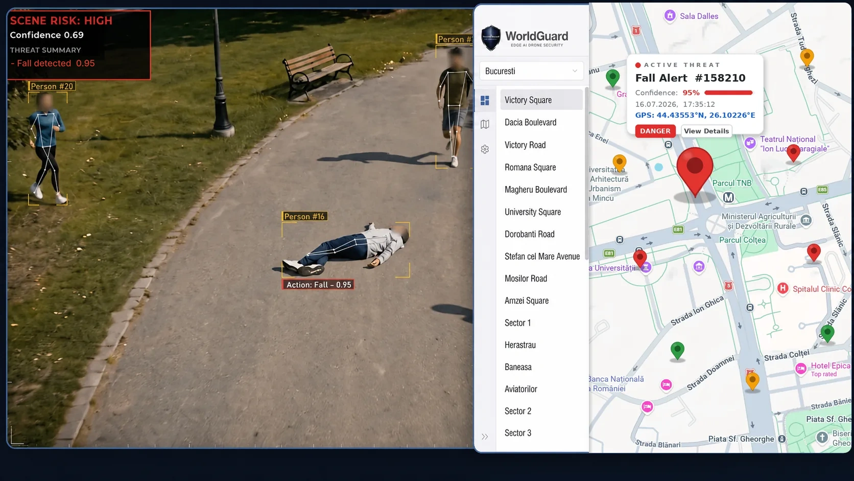 Collapsed-person detection displayed with event confidence, severity and GPS location — a non-biometric capability included in WorldGuard Core and WorldGuard Public Safety.